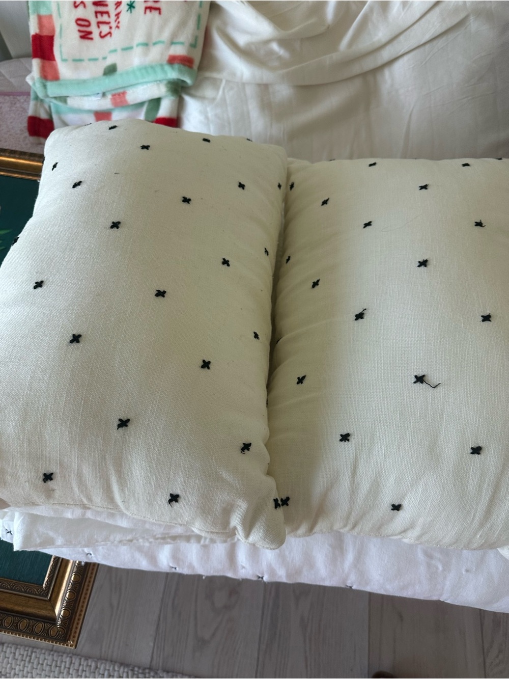 Anthropologie Cream Throw Pillow Pair with Black Cross-Stitch Dots